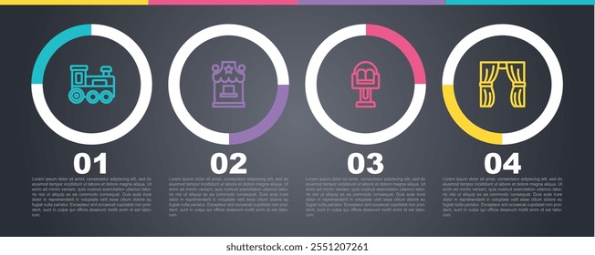 Set line Tren de juguete, taquilla de boletos, carrusel de atracciones y cortina de circo se eleva. Plantilla de infografía de negocios. Vector