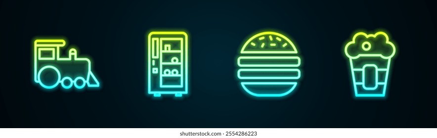 Set line Toy train, Vending machine, Burger and Popcorn box. Glowing neon icon. Vector