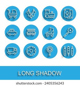 Set line Toy truck, Soccer football ball, Baby stroller, Rattle baby toy, Marker pen, Passenger train cars, Magic wand and Roller skate icon. Vector