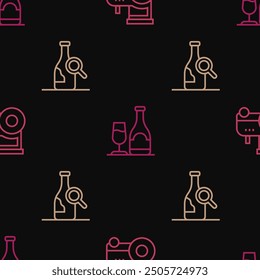 Set Linie Traktor, Flasche Wein und Weinflasche mit Glas auf nahtlosem Muster. Vektorgrafik