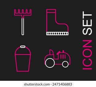 Set line Tractor, Bucket, Waterproof rubber boot and Garden rake icon. Vector