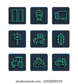 Set line Tractor, Cruise ship, Delivery truck, cargo, Road traffic signpost,  and Traffic light icon. Vector