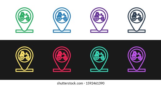 Set line Tractor and location icon isolated on black and white background.  Vector Illustration