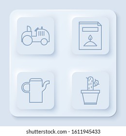 Set line Tractor, A pack full of seeds of a specific plant, Watering can and Cactus and succulent in pot. White square button. Vector