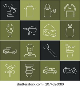 Set line Tractor, Plant in pot, Full sack, Watering can, Wheelbarrow with dirt, Tree apple, Strawberry bush and Cheese icon. Vector
