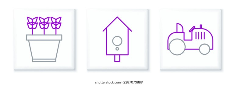 Ajuste la línea Tractor, Plantas en olla y el icono Retro de reloj de pared. Vector