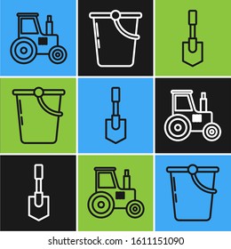 Set line Tractor, Shovel and Bucket icon. Vector