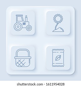 Set line Tractor, Sunflower, Shopping basket and A pack full of seeds of a specific plant. White square button. Vector