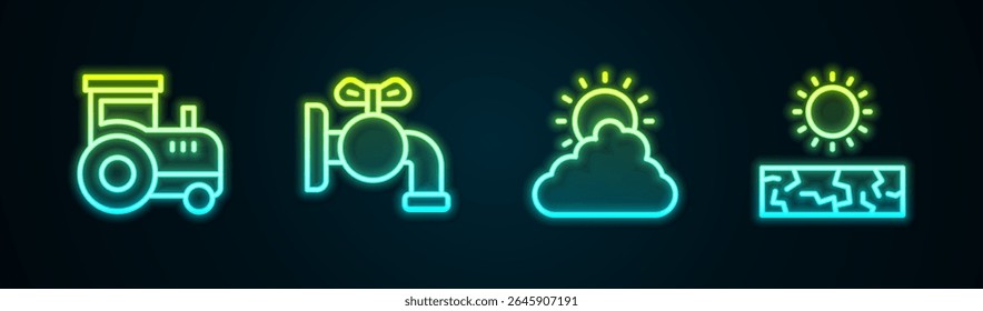 Definir linha Trator, Torneira para barril, Sol e tempo de nuvens e seca. Ícone de néon brilhante. Vetor