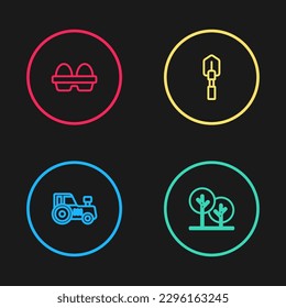 Set line Tractor, Tree, Shovel and Chicken egg in box icon. Vector