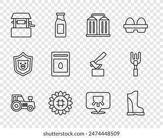 Set line Tractor, Waterproof rubber boot, Granary, Sunflower, Well, Pack full seeds plant, Udder and Garden rake icon. Vector