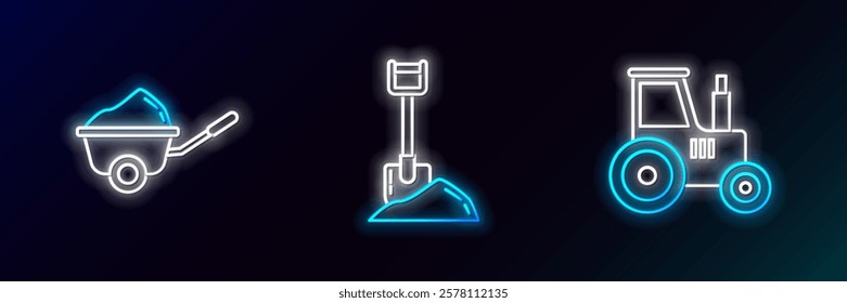 Set line Tractor, Wheelbarrow with dirt and Shovel in the ground icon. Glowing neon. Vector