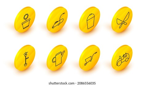 Set line Tractor, Wheelbarrow, Watering can, Grass and weed electric string trimmer, Gardening handmade scissors, Bucket, Lawn mower and Flower pot icon. Vector