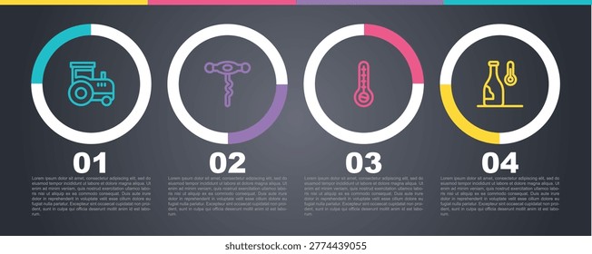 Set line Tractor, Wine corkscrew, Meteorology thermometer and temperature. Business infographic template. Vector