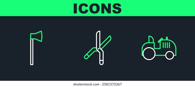 Set line Tractor, Wooden axe and Gardening handmade scissors icon. Vector