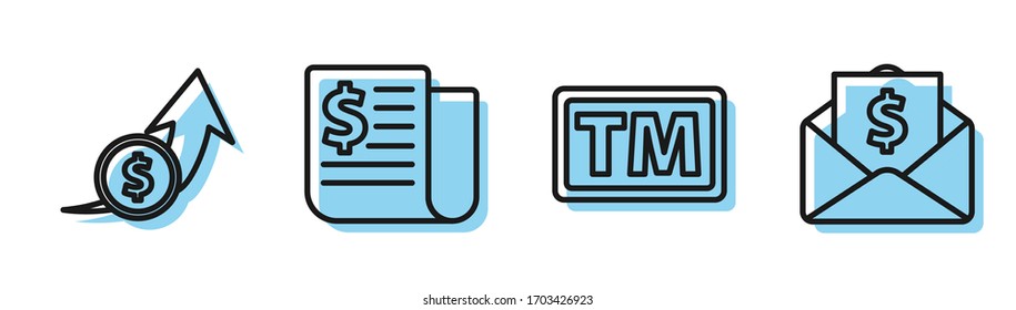 Set line Trademark, Financial growth and coin, Financial news and Envelope with coin dollar icon. Vector