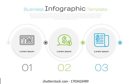 Establezca la línea Marca comercial, Burbuja del discurso con el dólar y las noticias financieras. Plantilla de infografía empresarial. Vector