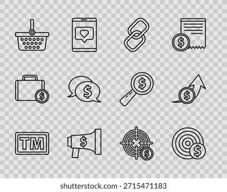 Establecer la Marca comercial de línea, objetivo con el símbolo del dólar, Enlace de cadena, megáfono y, cesta de la compra, burbuja del discurso, e icono de moneda de crecimiento financiero. Vector