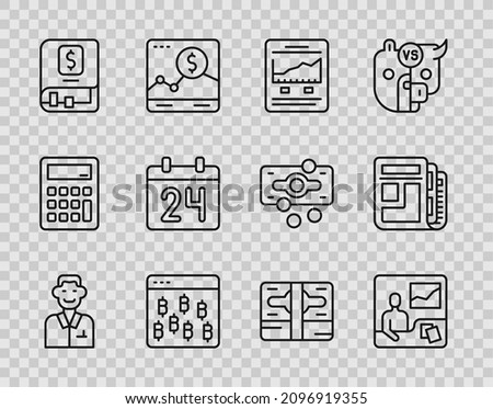 Set line Trader, Trading courses, Website with growth graph, Bitcoin browser, Financial book, Calendar, Stacks paper money cash and Stock market news icon. Vector