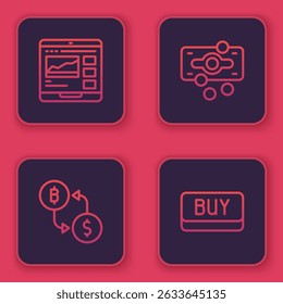 Set line Trading courses, Cryptocurrency exchange, Stacks paper money cash and Buy button. Blue square button. Vector