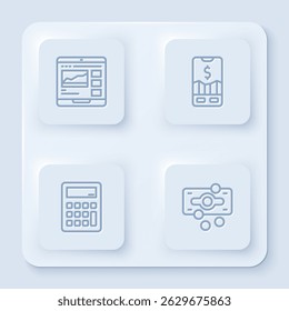 Set line Trading courses, Mobile stock trading, Calculator and Stacks paper money cash. White square button. Vector