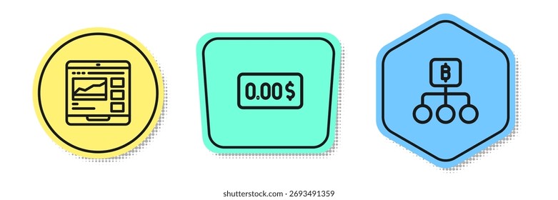 Set line Trading courses, Zero cost and Blockchain technology Bitcoin. Colored shapes. Vector