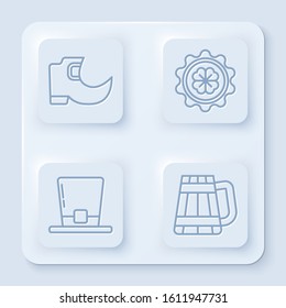 Set line Tradition leprechaun boots, Bottle cap with four leaf clover, Leprechaun hat and Wooden beer mug. White square button. Vector