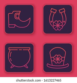 Set line Tradition leprechaun boots, Witch cauldron, Horseshoe with four leaf clover and Leprechaun hat and four leaf clover. Blue square button. Vector