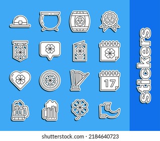 Set line Tradition leprechaun boots, Patricks, Wooden barrel four leaf clover, Four speech bubble, Street signboard, Leprechaun hat and Day flyer, brochure, postcard icon. Vector