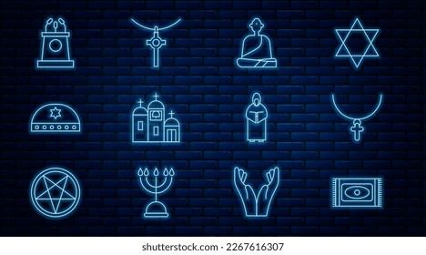 Set line Traditional carpet, Christian cross chain, Buddhist monk, Church building, Jewish kippah with star of david, Stage stand or tribune, Monk and  icon. Vector