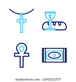 Set line Traditional carpet, Cross ankh, First communion symbols and Christian cross chain icon. Vector