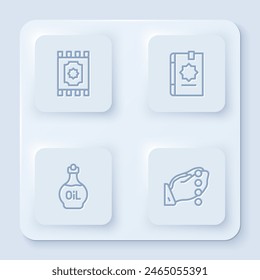 Set line Traditional carpet, Holy book of Koran, Essential oil bottle and Hands in praying position. White square button. Vector