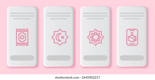 Set line Traditional carpet, Octagonal star,  and Star and crescent. White rectangle button. Vector