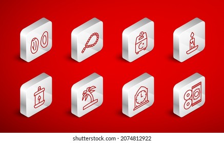 Set line Traditional carpet, Rosary beads religion, Donate or pay your zakat, Burning candle, Clock, Date fruit, Tropical palm tree and Ramadan Kareem lantern icon. Vector
