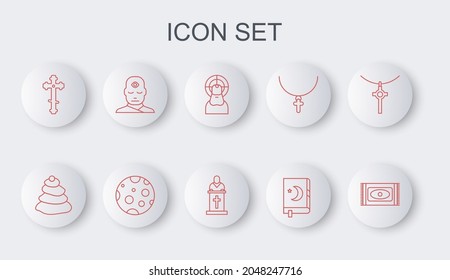 Set line Traditional carpet, Stack hot stones, Jesus Christ, Holy book of Koran, Christian cross, Man with third eye, Moon and Church pastor preaching icon. Vector