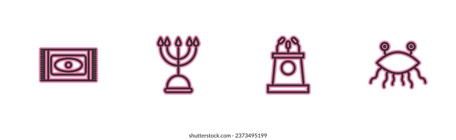 Set line Traditional carpet, Stage stand or tribune, Hanukkah menorah and Pastafarianism icon. Vector