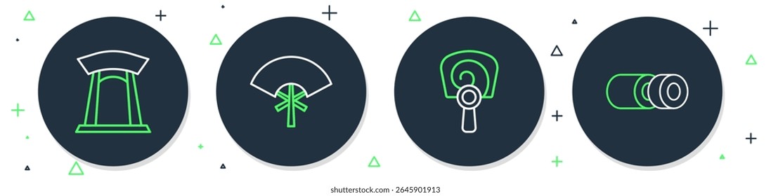 Set line Traditional fan, Korean hand, gate and Sushi icon. Vector
