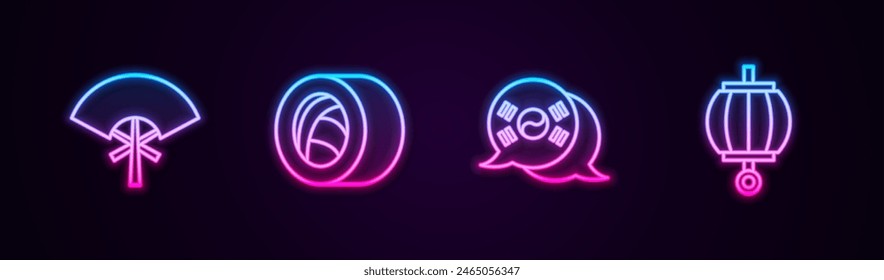 Set line Traditional fan, Sushi, South Korea flag and Korean lantern. Glowing neon icon. Vector