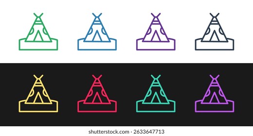 Línea de conjunto Tipi indio tradicional o icono de wigwam aislado en fondo blanco y negro. Tienda india.  Vector