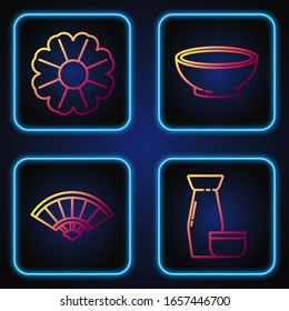 Set line Traditional Japanese tea ceremony, Paper chinese or japanese folding fan, Flower and Bowl of hot soup. Gradient color icons. Vector