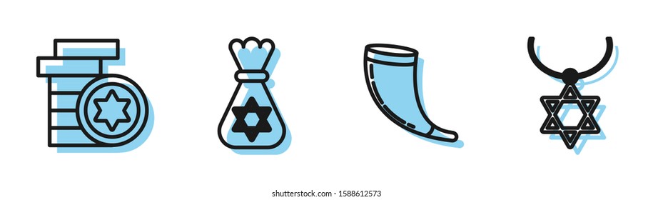 Set line Traditional ram horn, shofar, Jewish coin, Jewish money bag with star of david and Star of David necklace on chain icon. Vector