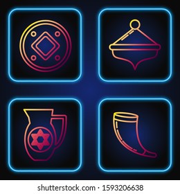 Set line Traditional ram horn, shofar, Decanter with star of david, Jewish coin and Hanukkah dreidel. Gradient color icons. Vector