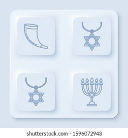 Set line Traditional ram horn, shofar, Star of David necklace on chain, Star of David necklace on chain and Hanukkah menorah. White square button. Vector