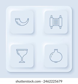 Set line Traditional ram horn, shofar, Torah scroll, Jewish goblet and Pomegranate. White square button. Vector