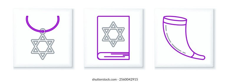 Set line Traditional ram horn, shofar, Star David necklace chain and Jewish torah book icon. Vector