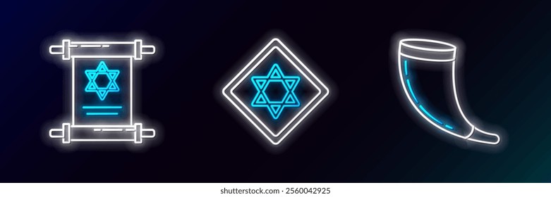 Set line Traditional ram horn, shofar, Torah scroll and Star David icon. Glowing neon. Vector