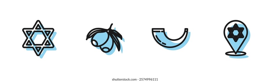 Set line Traditional ram horn, shofar, Star David, Olives branch and  icon. Vector