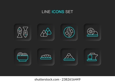 Set line Traditional tea ceremony, Rice in bowl, Fish steak, Asian noodles, Xiao long bao, Served cucumber plate, Zongzi bamboo steamer and fish icon. Vector