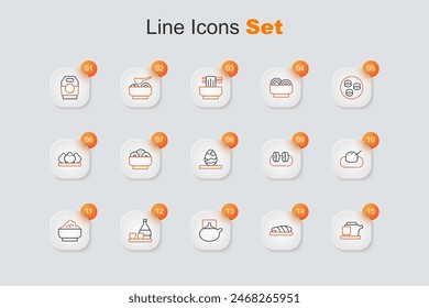 Set line Traditional tea ceremony, Fish steak, Bottle of sake, Rice in bowl, Mochi, Sushi and Chinese egg icon. Vector