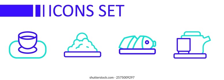 Set line Traditional tea ceremony, Fish with sliced pieces, Rice in bowl and Soy sauce icon. Vector